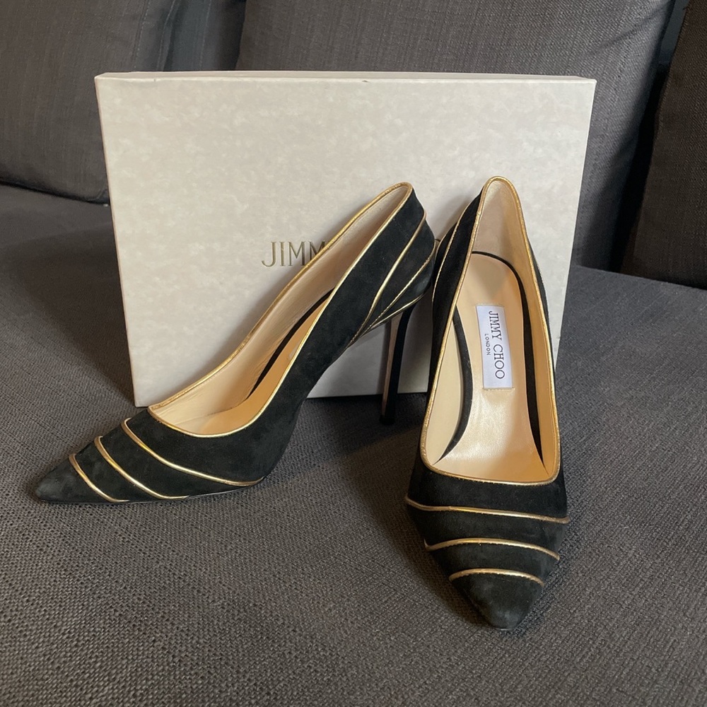 Jimmy Choo Black Suede and Gold Pumps